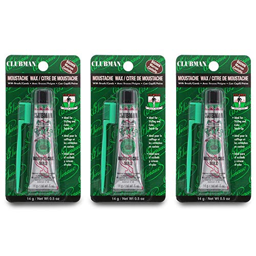 Clubman Mustache Wax for Men ? Brown Moustache Wax with Brush & Comb, Strong Hold, 0.5 oz x 3 Pack