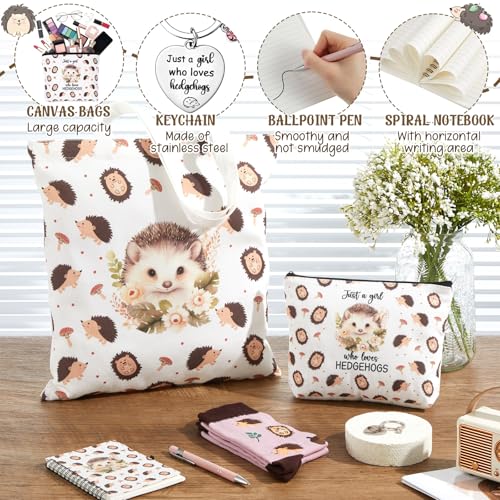 Talltalk 6 Pcs Hedgehog Gifts for Women Hedgehog Lover Gift Set, Socks Canvas Bag Makeup Bag Spiral Notebook Ballpoint Pen and Stainless Steel Keychain for Christmas Birthday Graduation Thanksgiving