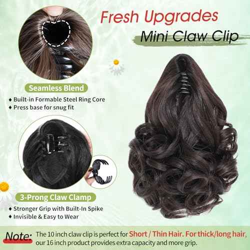 Ponytail Extension,10" Claw Clip in Ponytail Extensions Short Curly Ponytail Hairpiece for Women Fluffy Natural Synthetic Pony Tails for Daily Use(Dark Brown)