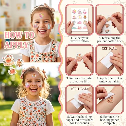 96 PCS Spring Floral Tea Party Temporary Tattoos for Kids