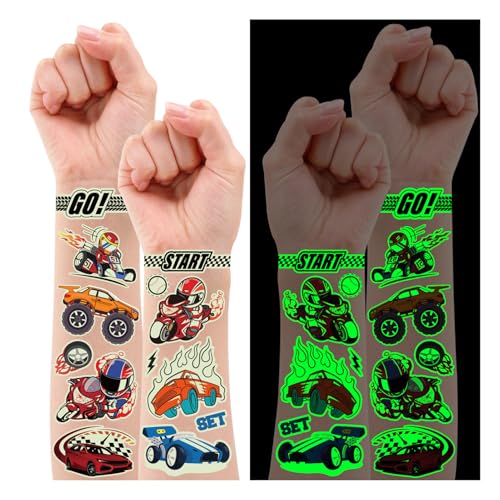 PARTYWIND 265 Styles (30 Sheets) Glow Cars Kids Temporary Tattoos for Boys, Cars Birthday Decorations Party Supplies Favors, Car Tattoo Stickers for Boys Birthday Gifts Games Accessories