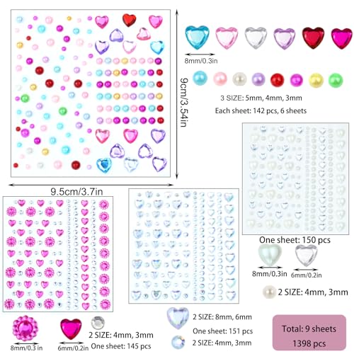 1398 PCS Heart Rhinestones Face Self-Adhesive Acrylic Heart Gems Stickers Flat-Back Heart Pearl Crystal for Body Eye Makeup for Wedding Valentine's Day DIY Crafts, 9 Sheets