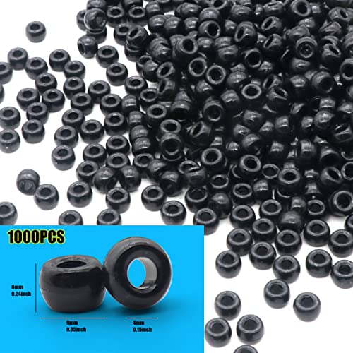 Auvoau 1000Pcs Pony Beads Bracelet 9mm Black Plastic Barrel Pony Beads for Necklace,Hair Beads for Braids for Girls,Key Chain,Jewelry Making (Black)