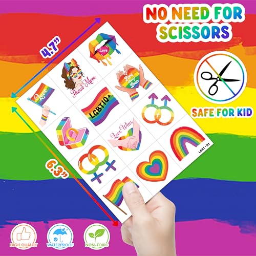 96PCS Happy Pride Month LGBT Rainbow Flag Pre-Cut Temporary Tattoos for Kids | Super Cute Themed Birthday Party Favors, Supplies, Decorations, Fake Tattoo Stickers, School Rewards & Gifts Boys & Girls