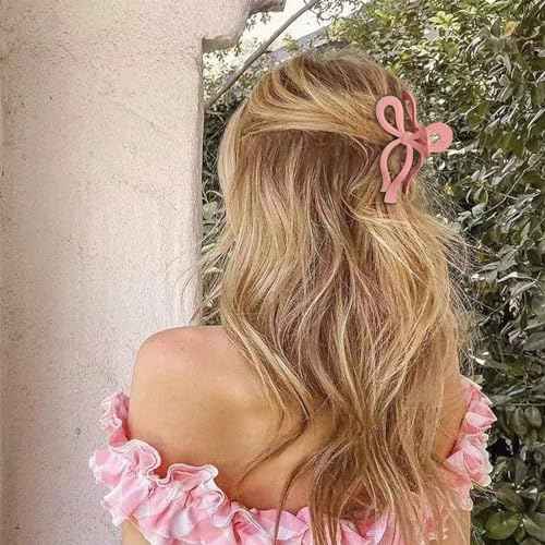 Butterfly Hair Clips and Bows Set - 3Pcs 5 Inch Trendy Claw Clips for Thick Hair, Pink Ribbon Clips, Coquette Hair Accessories