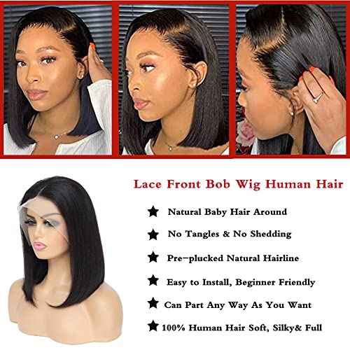 Short Bob Wig Human Hair 13x4 Frontal Bob Wigs 180% Density Glueless Wigs Pre Plucked for Black Women (12 inch)