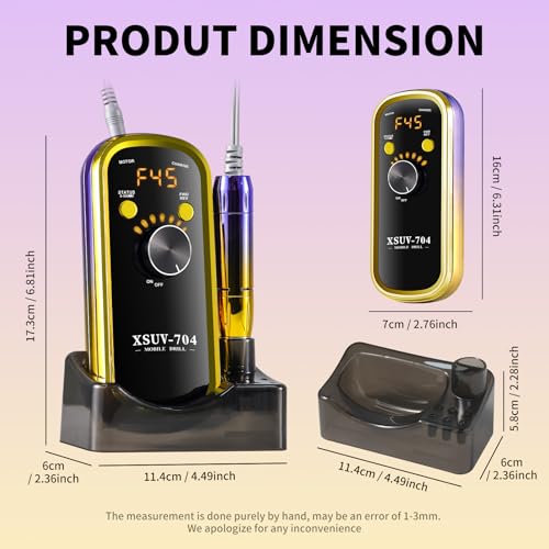 Professional Electric Nail Drill Kit 45000RPM with Bits and Base Yellow Portable Rechargeable Cordless Nail E- File Machine for Acrylic Gel Powder Nails and Manicure Pedicure Toenail Tool Set