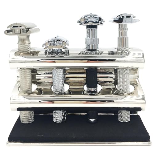 Parker Double Edge Razor Stand - Solid Brass with Mirror Chrome Finish -Holds 4 Razors - Parker Stand with Padded Base - Excellent Storage for Long Handled Double Edge Safety Razors