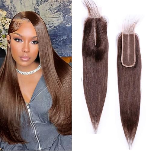 2x6 Lace Closure Human Hair 4# Chocolate Brown Transparent Lace Closure Straight Deep Middle Part 100% Raw Virgin Human Hair 150% Density 16 Inch