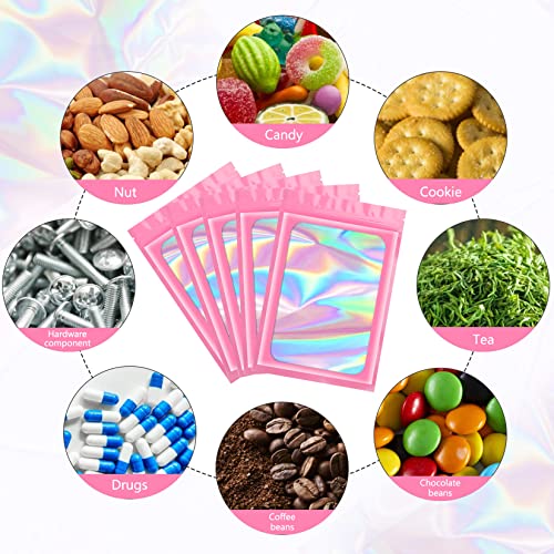 Pink 3x4.7 Inch Resealable Holographic Mylar Bags for Food & Cosmetics - 100 pcs