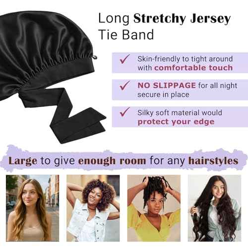 Long Hair Bonnet for Women, XL Silky Satin Sleeping Cap with Tie Band for Braids Curly Hair, Includes 10PCS Scrunchies