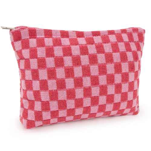 Checkered Makeup Bag - Large Cosmetic Bag for Women, Cute Cosmetic Pouch Travel Pouches for Toiletries, Makeup Brush, Purse, Large Capacity Storage Bag, Rose Red