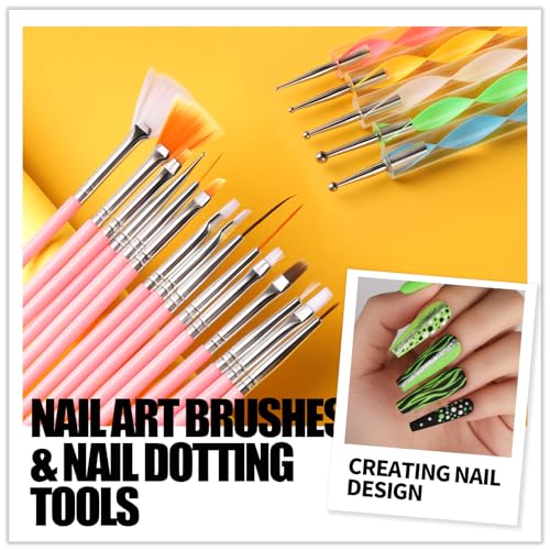 Teenitor Nail Art Brush Set with Stickers, Gems & Foils – 15 Brushes, 12 Glitter Pots