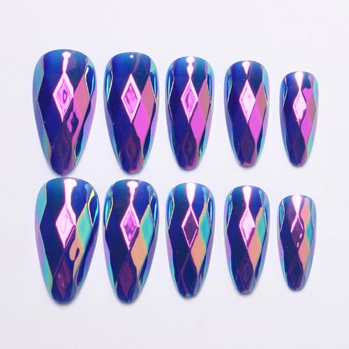 Purple Chrome Press On Nails - Long Almond Soft Gel 24PCS Kit
