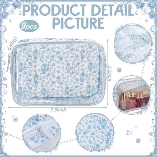 9 Pcs Blue Floral Makeup Bag Set - Waterproof Travel Cosmetic Organizer
