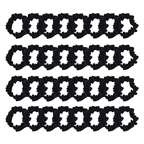 Furling Pompoms 32pcs Satin Hair Scrunchies Elastic Hair Ties Thin Hair Ropes Ponytail Holders for Women Accessories Black Hair Bands