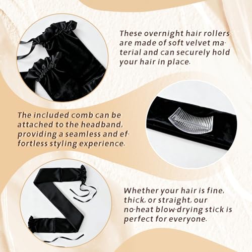 Heatless Hair Curlers Overnight - Velvet Curling Ribbon with Comb Stabilizer