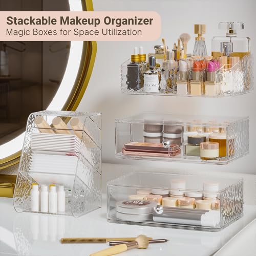 Makeup Organizer with Brush Holder Plastic Makeup Drawers For Vanity Clear Stackable Storage Case Makeup Organizer For Skincare, Brushes, Lipstick, Nail Polishes, Perfumes, Eyeshadow Palettes