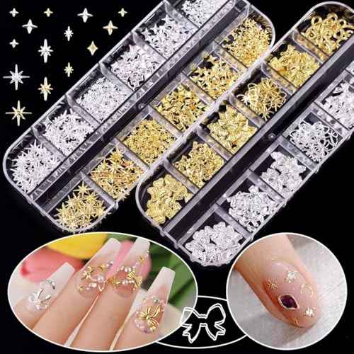 150PCS Gold Bow Nail Charm 3D Silver Nail Bows 12 Styles Mini Alloy Bowknot Diamonds Butterfly Gems Christmas Wedding Prom Crystal Rhinestones Decoration for Women Girls Crafts DIY 4