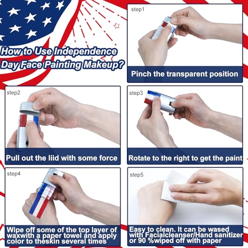 4pcs Red White and Blue Face Paint Stick, Long Lasting Patriotic Body Painting Baseball Eye Black America USA Flag Makeup Stick 4th of July Accessories for Kids Women Men Sports Party Independence Day