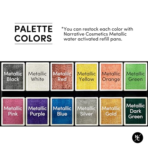 Narrative Cosmetics Metallic 12-Color Palette - Luxurious Water-Activated Makeup for Face & Body - Shimmering Shades for SFX, Cosplay, Theater, Film & TV Makeup Artists