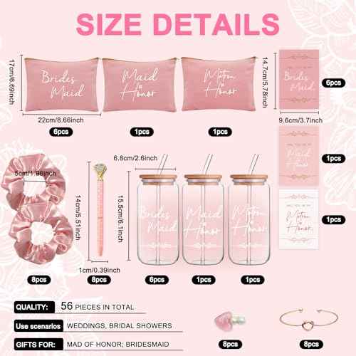 56 pcs Bridesmaid Gift Set, Pink: 16oz Glass Cups, Makeup Bags, Invitation Cards, Scrunchies, Hair Bracelets, Diamond Pens, Love Clips - Perfect for Bridesmaids or Special Occasions