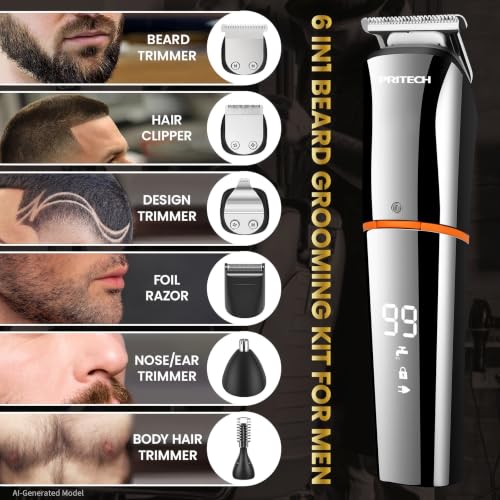 PRITECH 6-in-1 Cordless Grooming Kit with Silver Attachment Heads – Hair, Beard, Nose & Ear Trimmer