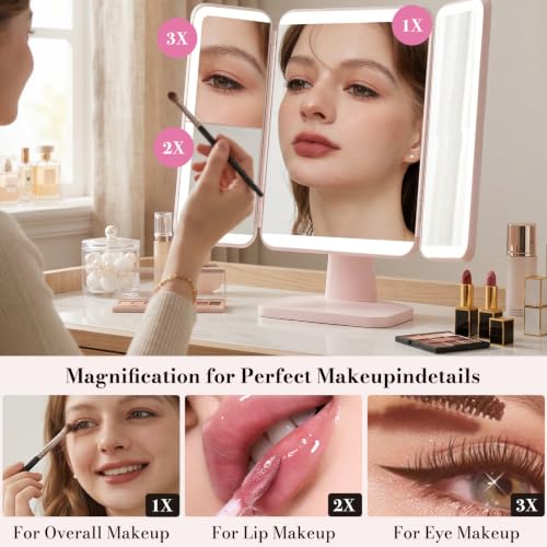 SIMETRA 15.6'' Pink Rechargeable LED Makeup Mirror with Lights & Trifold Design