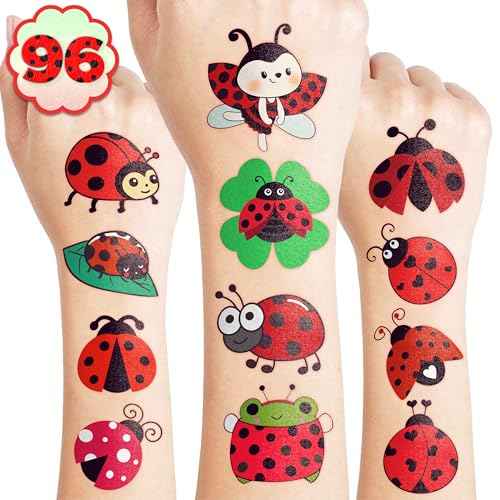96PCS Ladybug Pre-Cut Temporary Tattoos for Kids - Cute Lady Beetle Bug Tattoos, Party Favors, Birthday Decorations, Classroom Rewards, Halloween Gifts for Boys & Girls