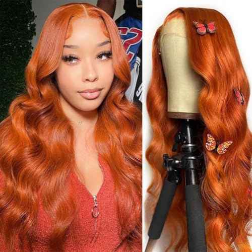 32 Inch Ginger Lace Front Wigs Human Hair Body Wave Wigs 13x4 HD Transparent Lace Frontal Glueless Ginger Orange Wigs Human Hair 180% Density Orange Wig Pre Plucked With Baby Hair