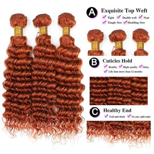 Dark Orange Human Hair Color 350 Bundles Ginger Deep Wave Bundles Brazilian Virgin Remy Hair Extensions Double Weft Ginger Orange Deep Wave Human Hair Weave 14 16 18 Inch