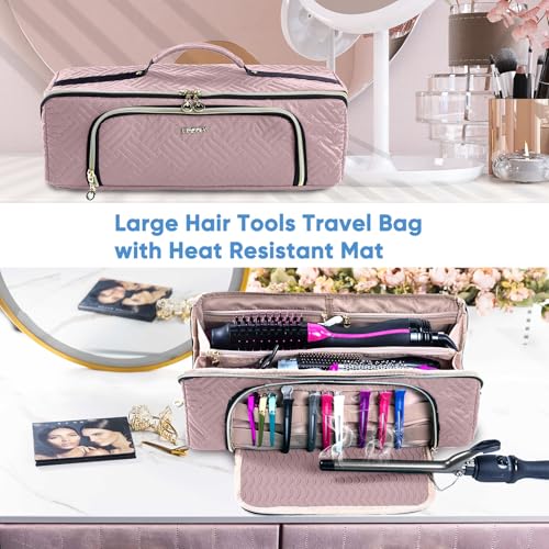 ELCUPA Pink Large Travel Hair & Makeup Organizer Bag with Heat-Resistant Mat