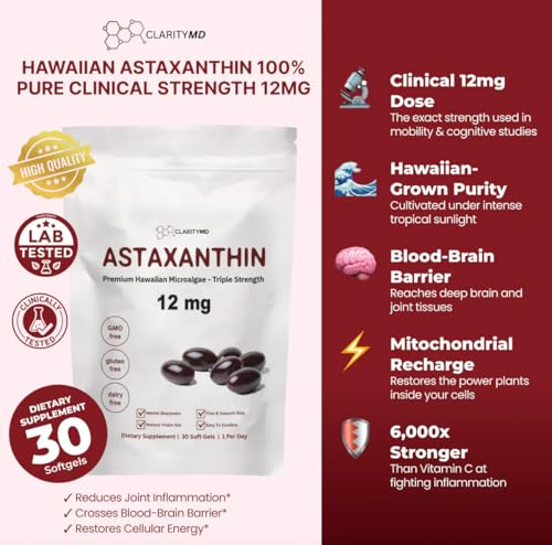 Astaxanthin 12mg Softgels – Natural Antioxidant for Joint, Vision & Cognitive Support – 90 Count