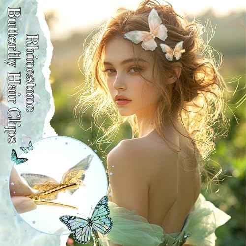 8Pcs Tulle Rhinestone Butterfly Hair Clips Moving Wings Butterflies Hair Barrettes for Girls Y2K Glitter Hairpins Cute Butterfly Claw Clips Fairy Accessories for Women Thick Thin Hair