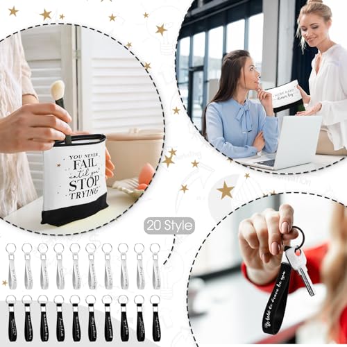 Sanwuta 80 Pcs Motivational Employee Appreciation Gifts with Postive Canvas Makeup Bags and Silicone Keychains Graduation Gift for Women Nurses Teacher Students Coworker Office Group