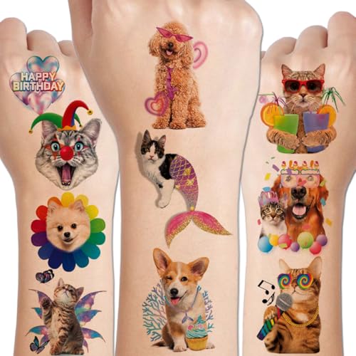 Funny Cat Dog Temporary Tattoos - 12 Sheets Cute Dog Cat Meme Tattoos for Kids Birthday Decorations Party Supplies, School Rewards Gifts Ideas for Girls Boys