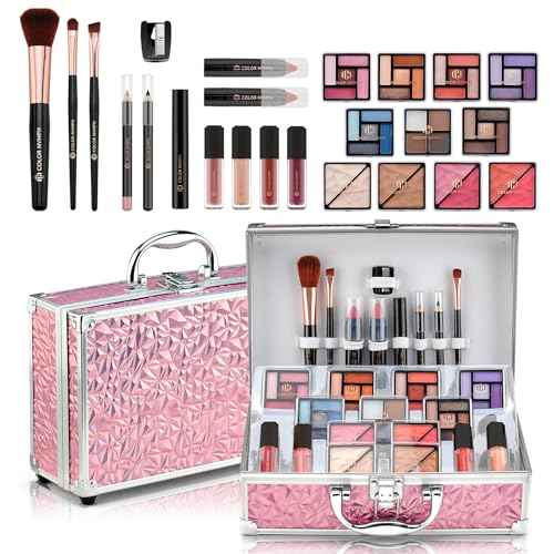 Color Nymph Starter Makeup Kit for Tweens Girls, Train Case for Women Full Kit with Eye Shadow, Lipstick, Blush, Brushes, Lipgloss, Mascara, Brow Wax and Mirror Pink Full Starter Cosmetics Set