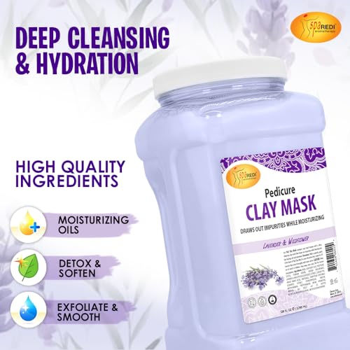 SPA REDI - Clay Mask, Lavender and Wildflower, 128 Oz - Pedicure and Body Deep Cleansing, Skin Pore Purifying, Detoxifying and Hydrating - Natural Bentonite Clay, Infused with