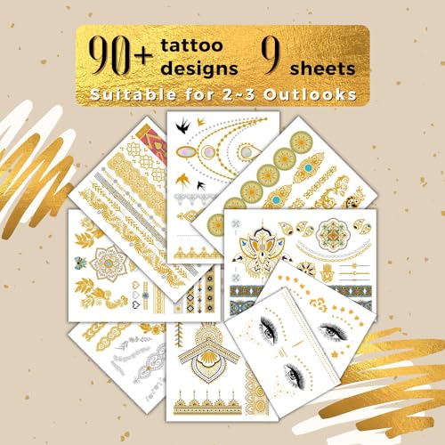 Glitter Freckles Gold Temporary Tattoos Set, Bachelorette Body Glitters & Face Stickers, 90+ Temp Tattoo for Adults Women Teens Girls, Fake Tattoos for Party Beach Festivals Cosplay Dates, 9 Sheets