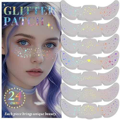 24pcs Glitter Freckles Makeup Patches-Holographic-Face Glitter Speckles, Sparkle Speckles Patches for Women, Cute Sparkling Fake Freckles, Glitter Freckles Face Tattoo, Musical Festival Accessories