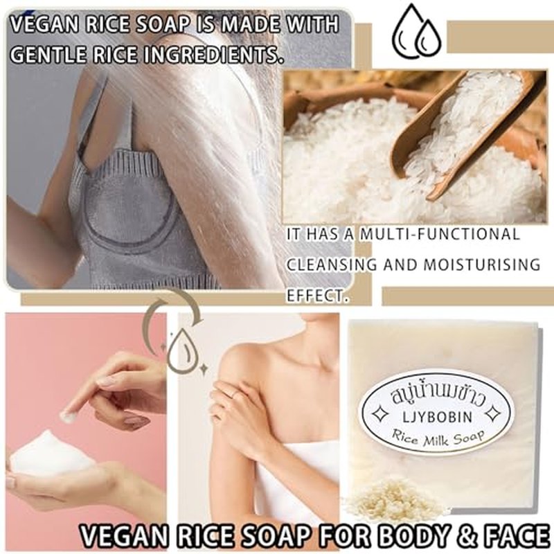 4PCS Vegan Rice Soap for Body & Face,Gentle Long-lasting Moisturizing Rice Milk Soap for All Skin Type,Deep Cleaning Rice Handmade Soap Bar for Men & Women