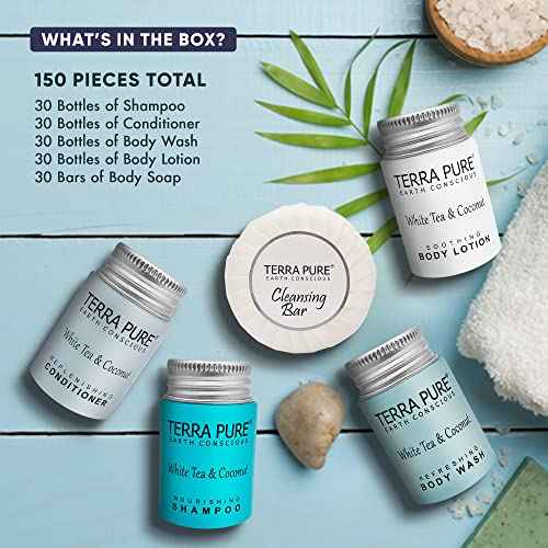 Terra Pure White Tea & Coconut Toiletries Set | 1-Shoppe Amenities Kit | 1oz Shampoo & Conditioner, Body Wash, Lotion, 1.25oz Bar Soap | Travel Size | 150 Pieces