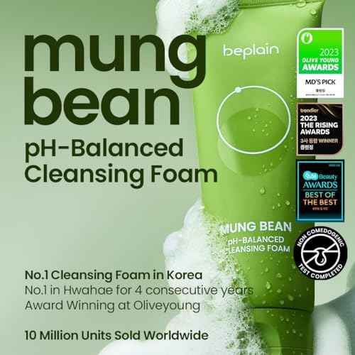beplain Mung Bean pH-Balanced Cleansing Foam (2.7fl.oz/80ml) | Fragrance-Free | Non-Comedogenic Tested | Deep Pore Facial Cleanser | Suitable for Sensitive Skin | Face Mask Cleanser | Korean Skincare