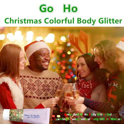 Go Ho Christmas Glitter Gel and Bracelets Kit, 6PCS Red White Green Beaded Bracelets with Face Glitter Makeup for Body & Hair, Fun Christmas Gifts for Women and Teens
