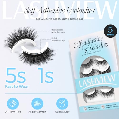 LASHVIEW Self Adhesive Eyelashes 5 Pairs Cat Eye Wispy Self-adhesive False Lashes Reusable Natural Look Press On Lashes No Glue Need Eyelashes with Replacement Adhesive Strips (ZN14)