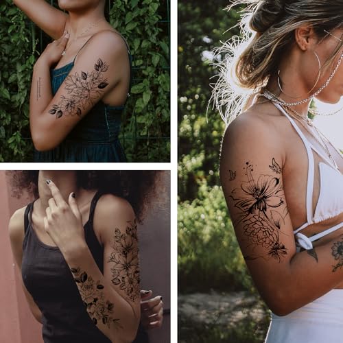 VERKSTAD Waterproof Temporary Tattoos for Women, 68 Sheets Floral Flower Butterfly