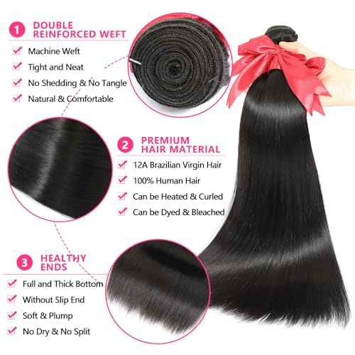 2x6 HD Lace Closure with Bundles Human Hair 16 18 20+14 Inch 12A Brazilian Straight Human Hair Bundles with 2x6 Closure 100% Unprocessed Virgin Weave Hair Extensions