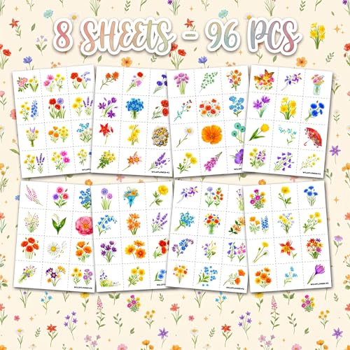 96 PCS Wildflower Temporary Tattoos for Kids