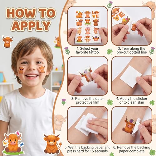 96 Pc Cow Print Temporary Tattoos for Kids - Farm Theme Party Favors