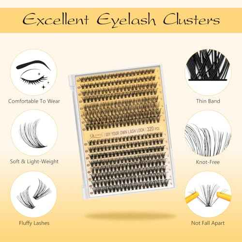 QUEWEL Lash Clusters Kit, 320 Pcs 30D+40D Lash Cluster Eyelash Extensions 9-16mm Lash Clusters Wispy Kit with Eyelash Clusters Bond and Seal Glue Remover Tweezers (30D+40D Kit)
